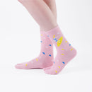 Person wearing long pink Tabi Socks " Surfer ", right side view