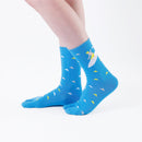 Person wearing long blue Tabi Socks " Surfer ", right side view