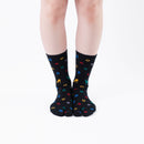 Person wearing long black Tabi Socks " Shika & Wa ", front view