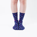 Person wearing long blue Tabi Socks " Shika & Wa ", front view