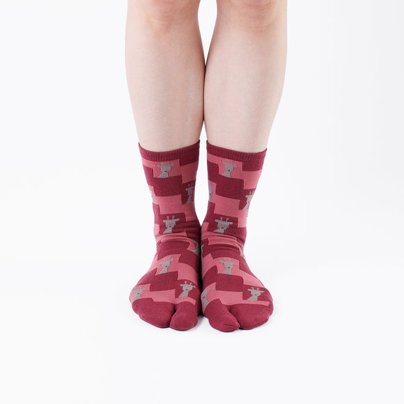 Person wearing long dark red Tabi Socks " Shika Nozoku ", front view