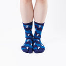 Person wearing long blue Tabi Socks " Shika Nozoku ", front view