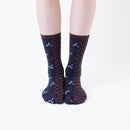 Person wearing long navy Tabi Socks " Tonbo & Ichimatsu ", front view