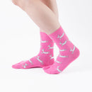 Person wearing long pink Tabi Socks " Shika Hashiru ", right side view