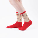 Person wearing long red Tabi Socks " Nara-e ", right side view