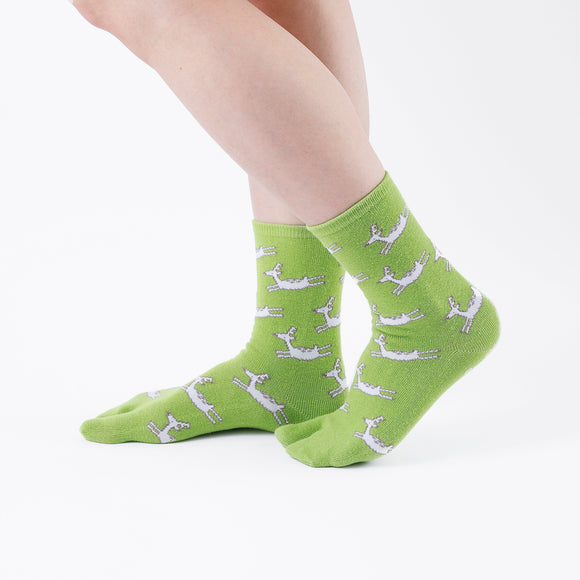 Person wearing long green Tabi Socks " Shika Hashiru ", right side view