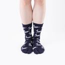 Person wearing long navy Tabi Socks " Shika Hashiru ", front view