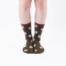 Person wearing long dark green Tabi Socks " Fukuro ", front view