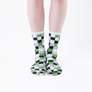 Person wearing long black Tabi Socks " Chigiri-e ", front view