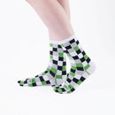 Person wearing long black Tabi Socks " Chigiri-e  ", right side view